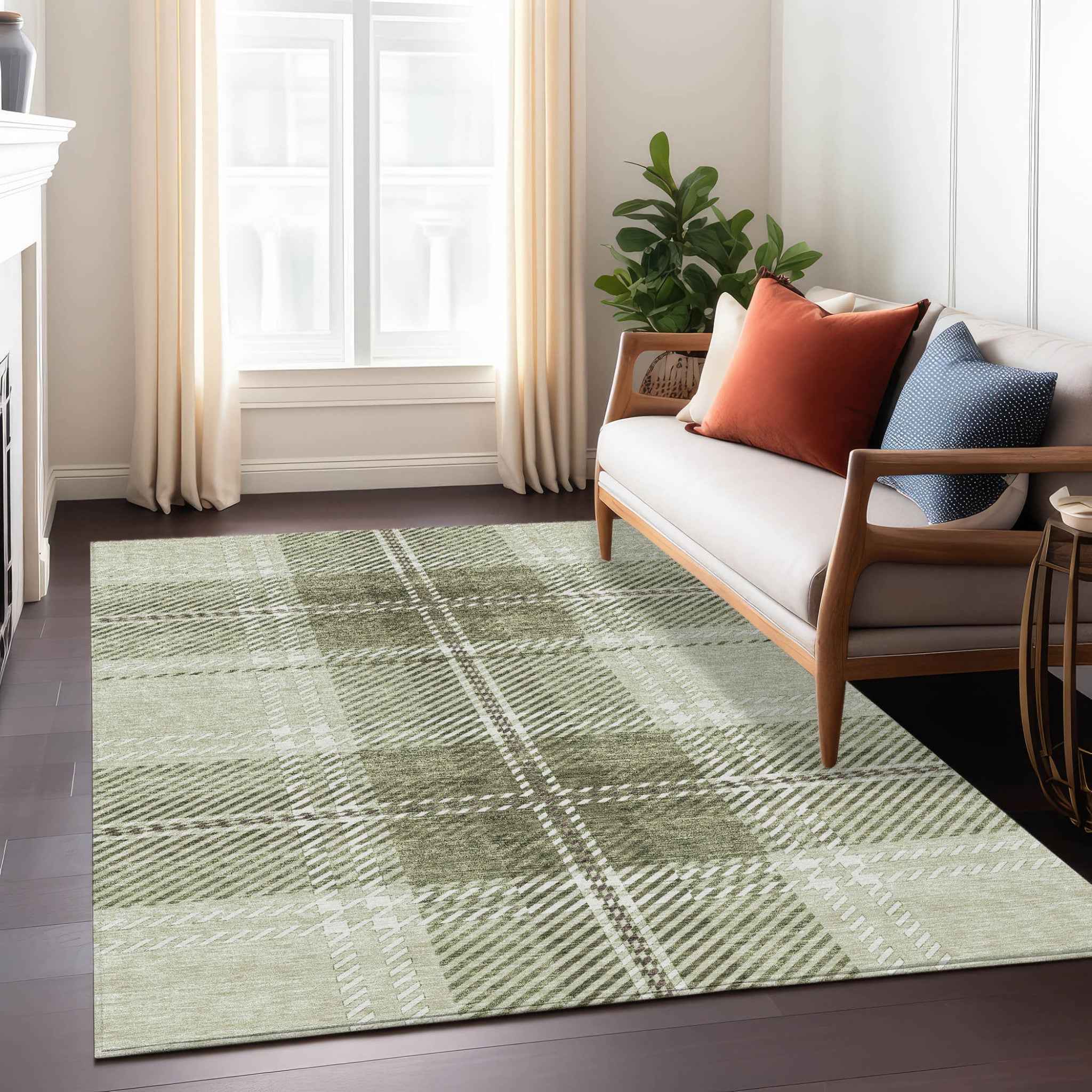 8' X 10' Artichoke Green Brown And Ivory Plaid Washable Indoor Outdoor Area Rug