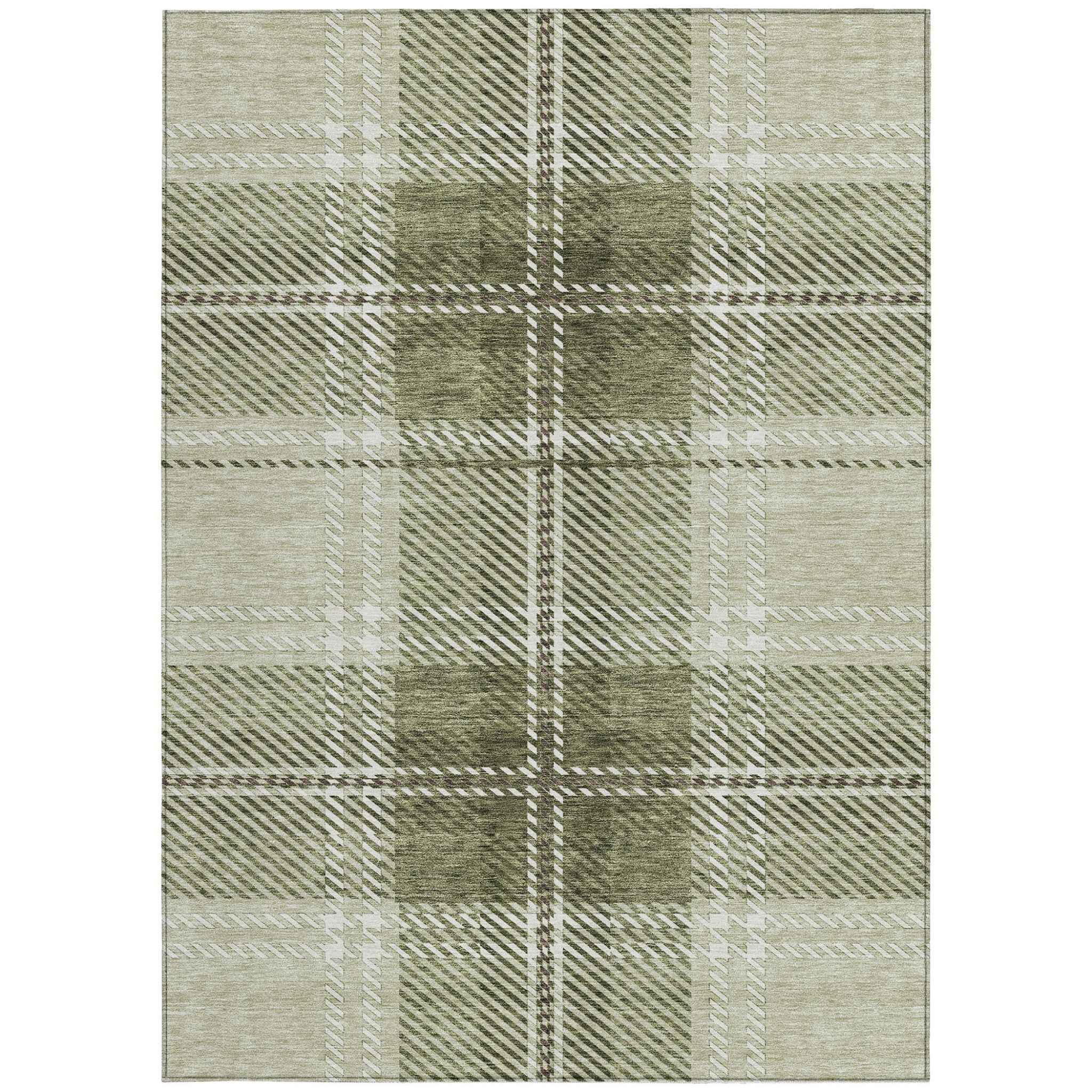 8' X 10' Artichoke Green Brown And Ivory Plaid Washable Indoor Outdoor Area Rug
