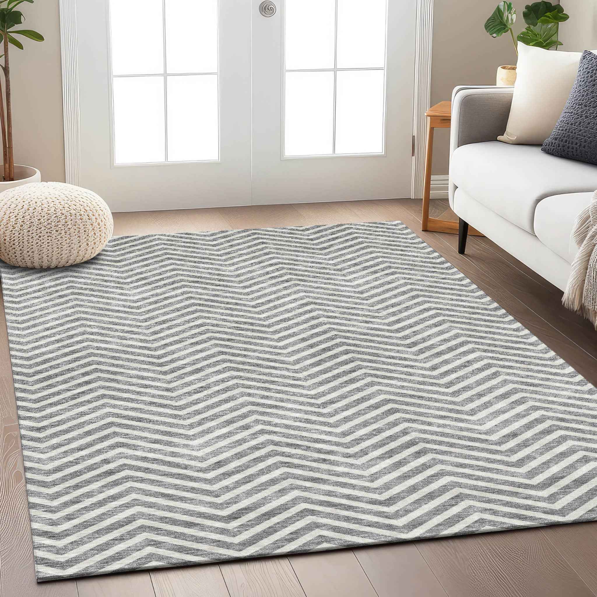 3' X 5' Gray And Ivory Chevron Washable Indoor Outdoor Area Rug