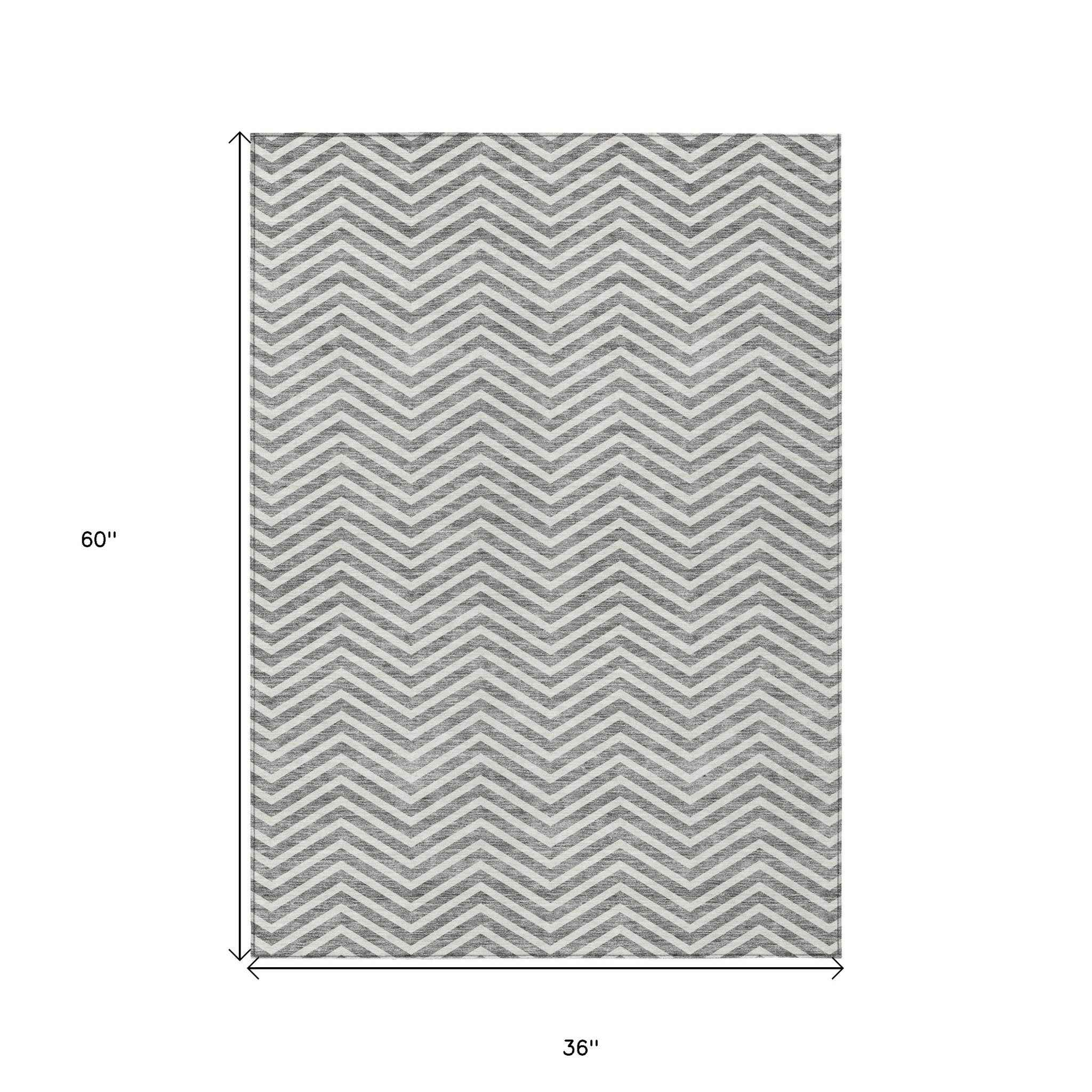 3' X 5' Gray And Ivory Chevron Washable Indoor Outdoor Area Rug