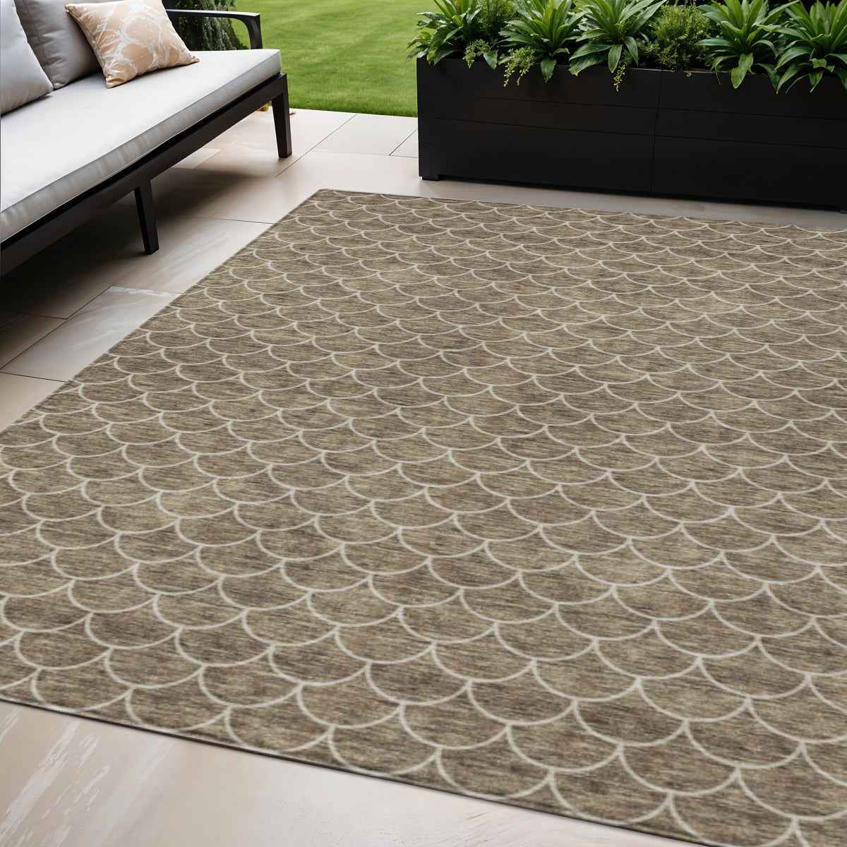 5' X 8' Brown And Beige Geometric Washable Indoor Outdoor Area Rug