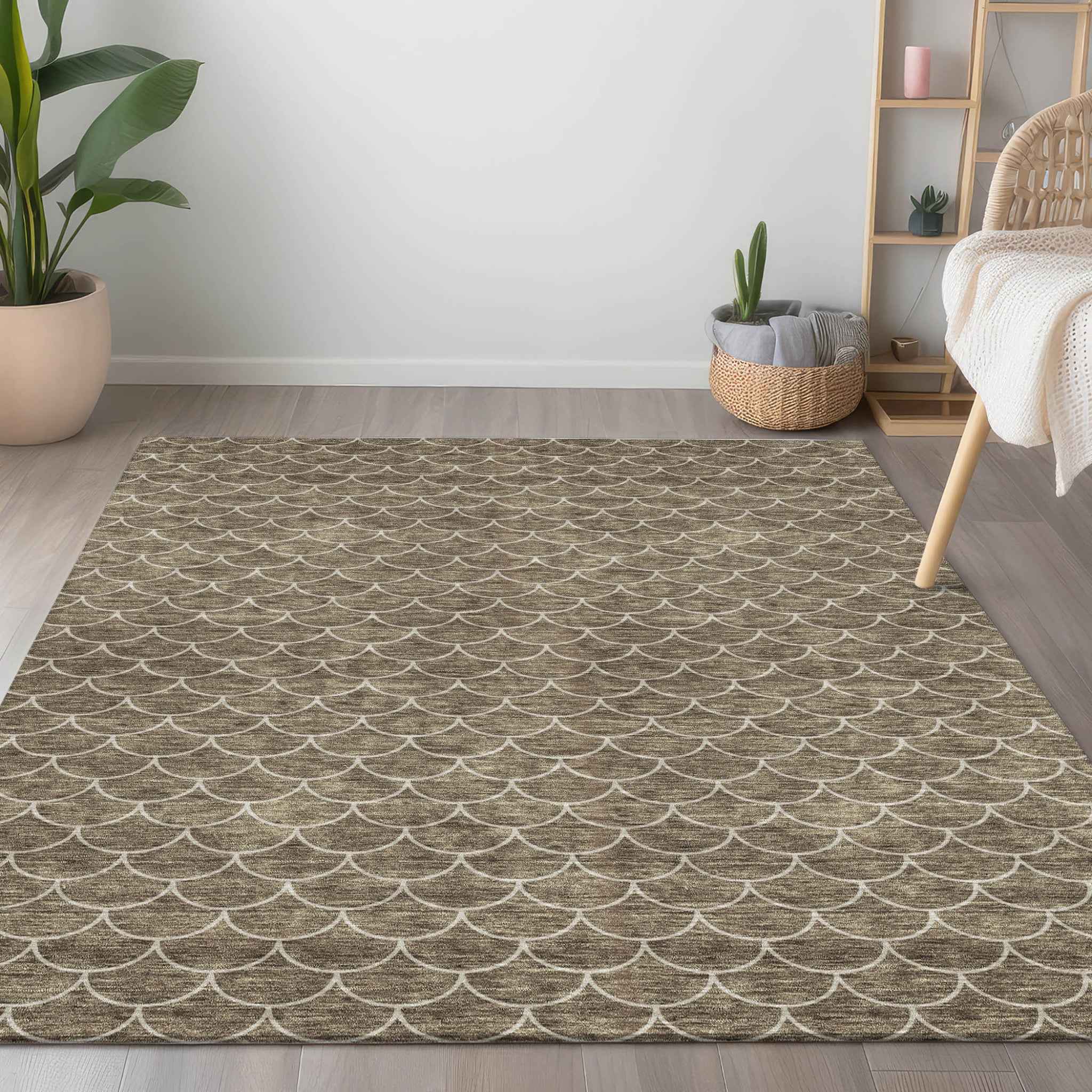 5' X 8' Brown And Beige Geometric Washable Indoor Outdoor Area Rug