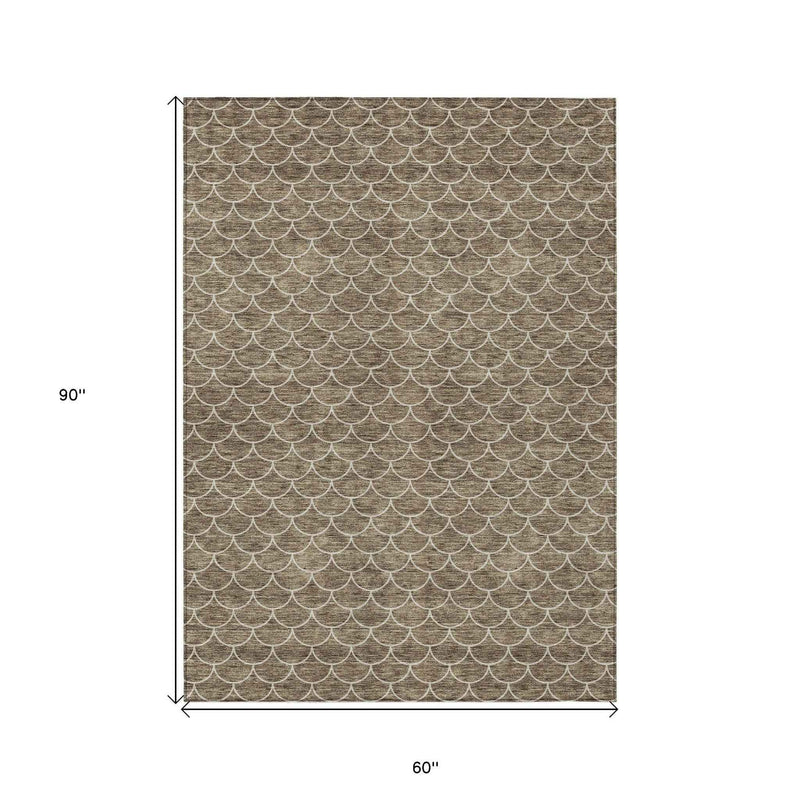 5' X 8' Brown And Beige Geometric Washable Indoor Outdoor Area Rug