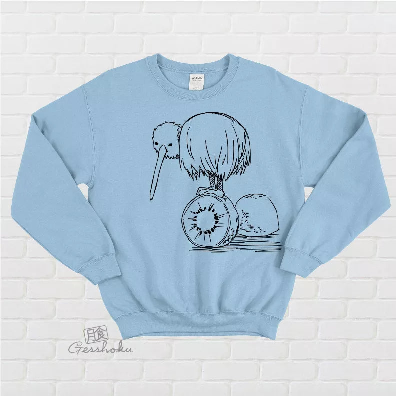 Light blue fleece crewneck sweatshirt with bird and kiwi fruit line graphic
