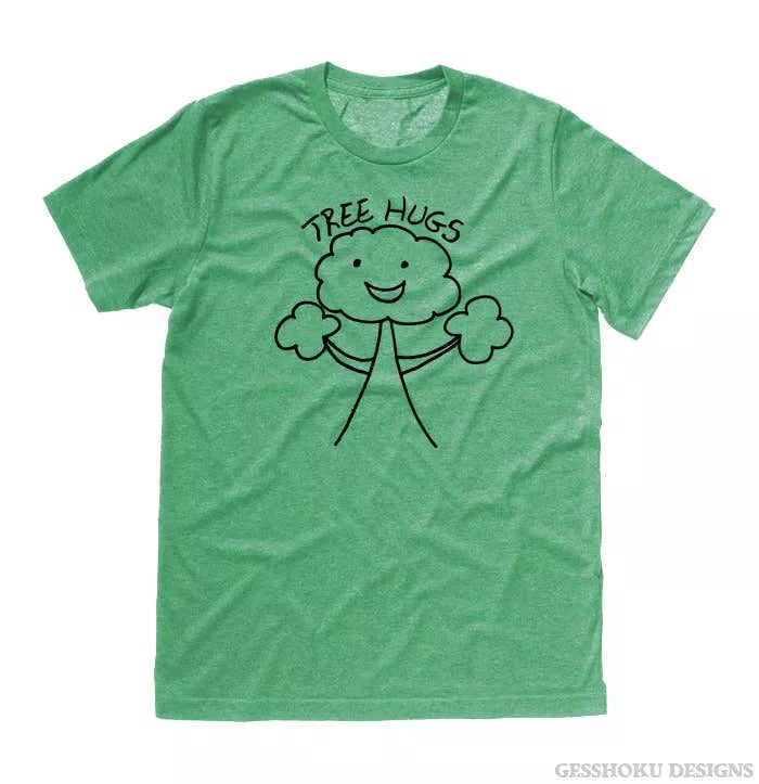Green unisex T-shirt with Tree Hugs cartoon graphic on front