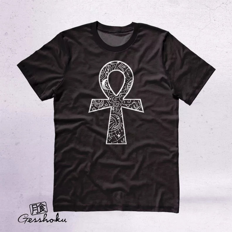 Unisex black crew-neck t-shirt with white ankh illustration on the chest