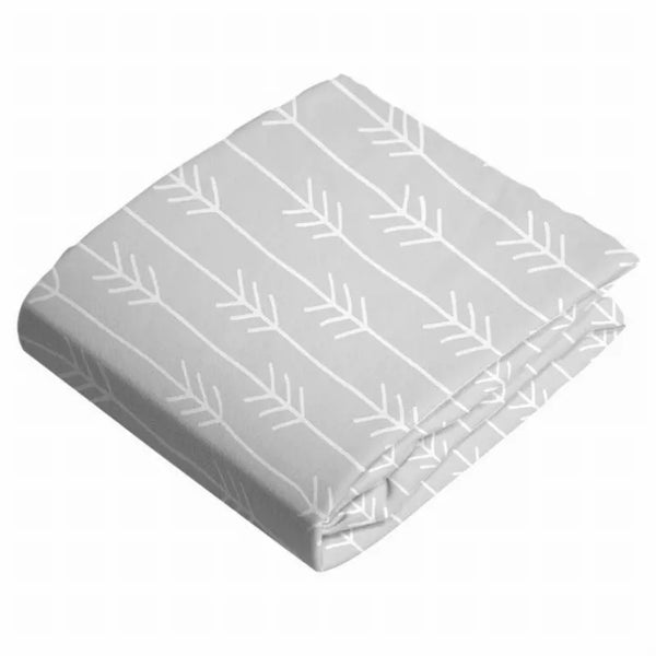 Gray fitted crib sheet with white branch pattern, flannel fabric.