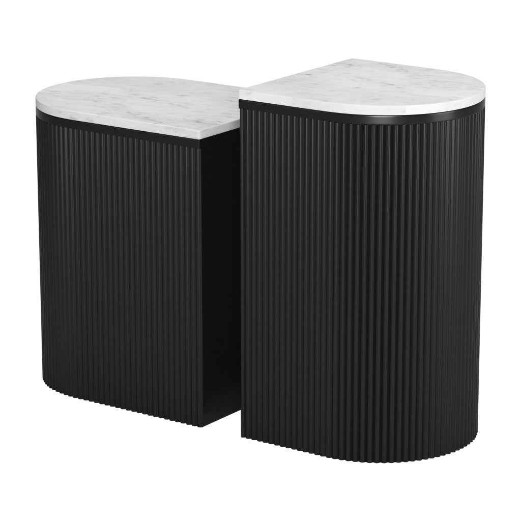 Set of Two Black And White Solid Wood And Marble Oval Block End Tables