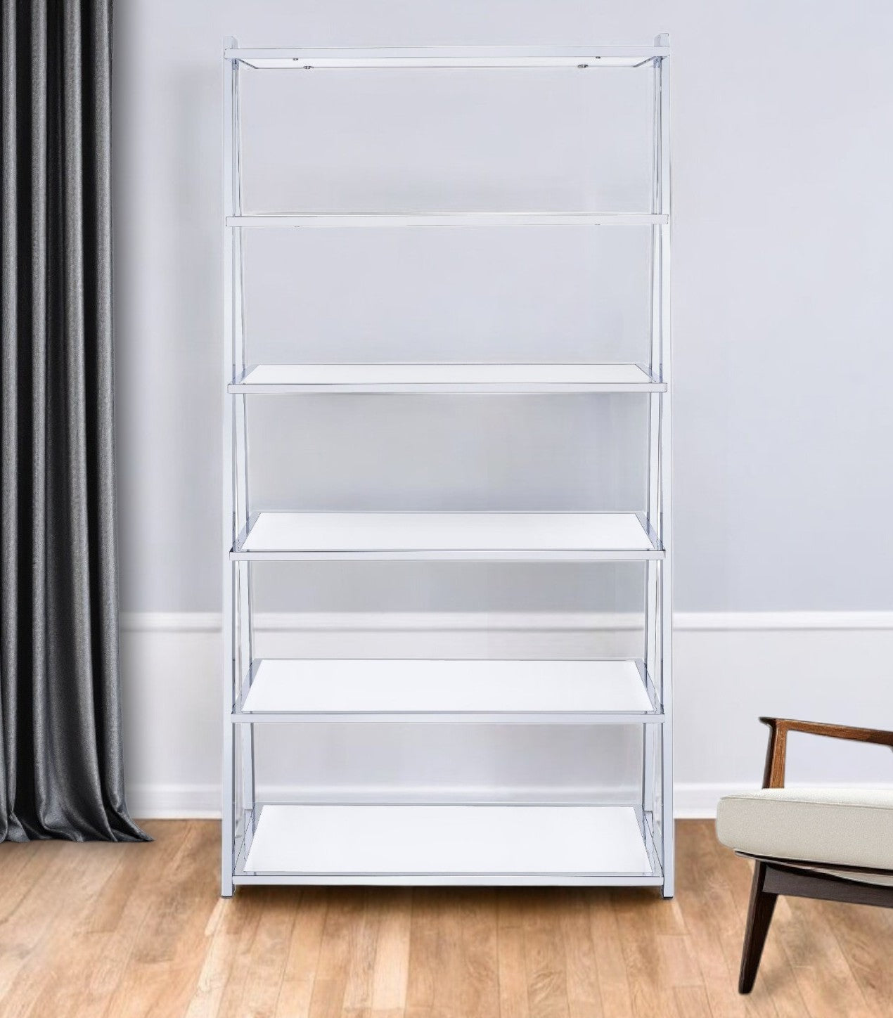 White And Silver Metal and Glass Five Tier Ladder Bookcase - Office