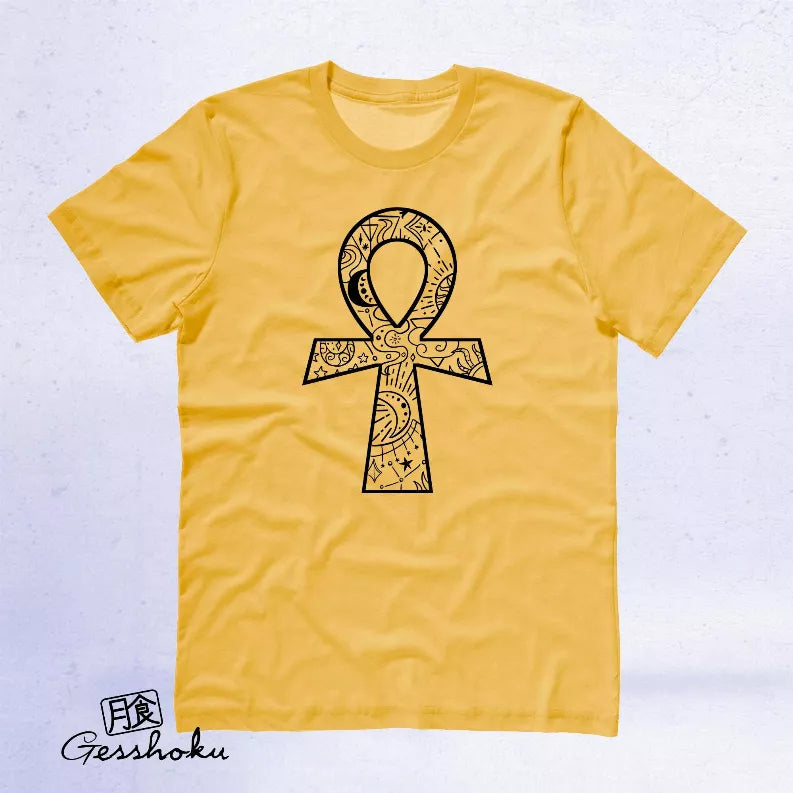 Yellow unisex crewneck T-shirt with black ankh symbol front print