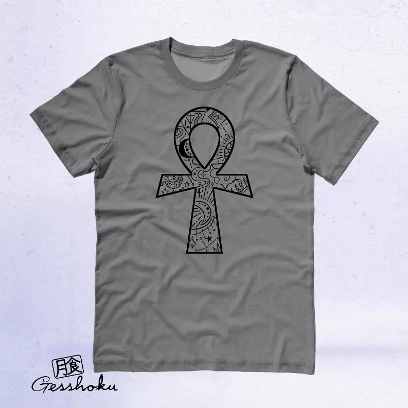 Charcoal gray unisex T-shirt with centered ankh cross illustration, short sleeves
