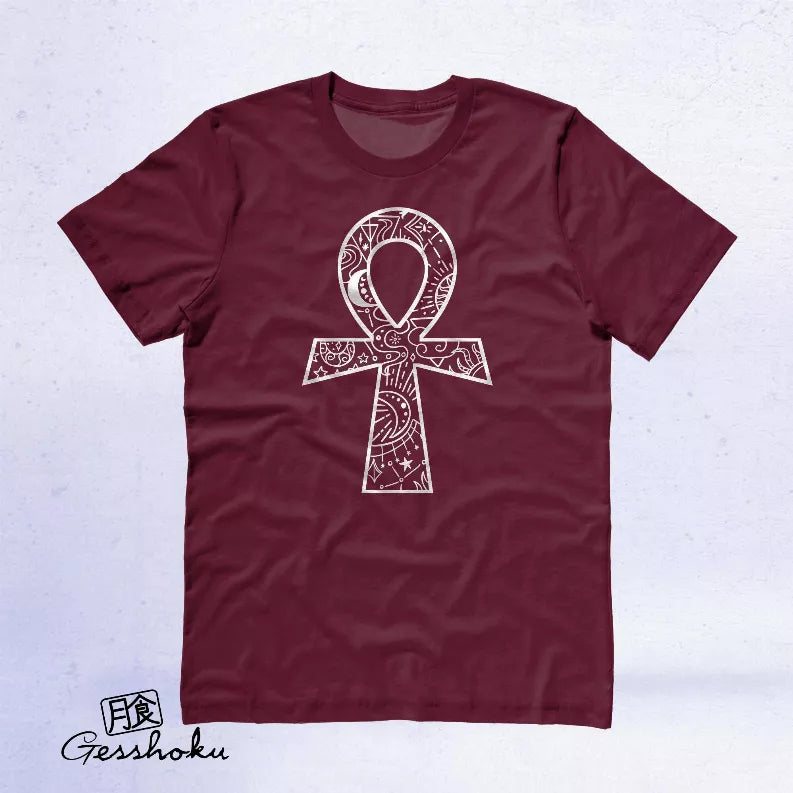 Maroon unisex T-shirt with white ankh symbol graphic