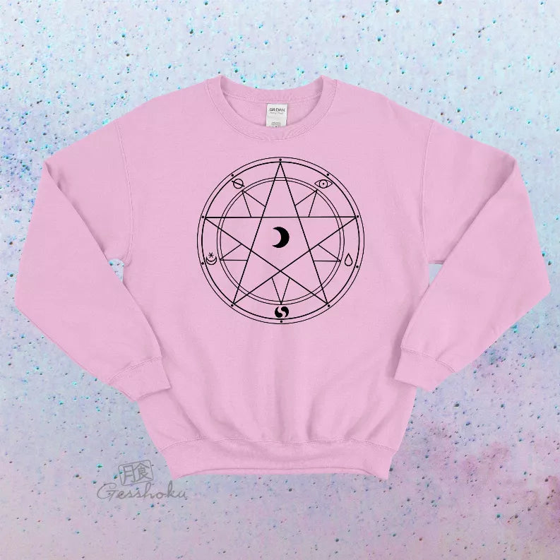 Light pink crewneck sweatshirt featuring a black pentagram circle graphic, front view