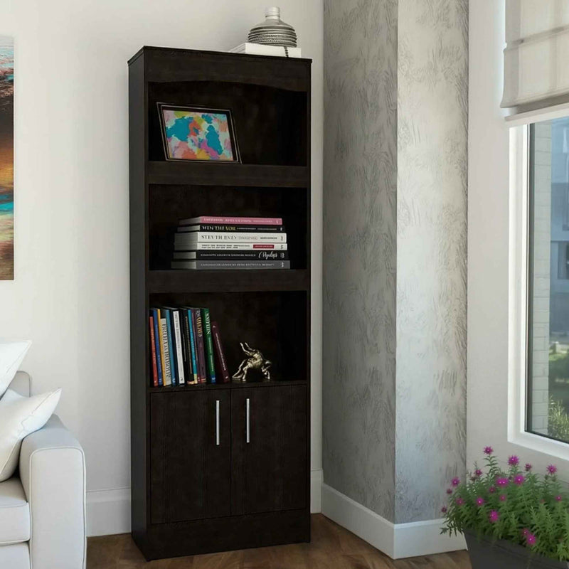 71" Light Gray Wood Three Tier Bookcase with Two Doors
