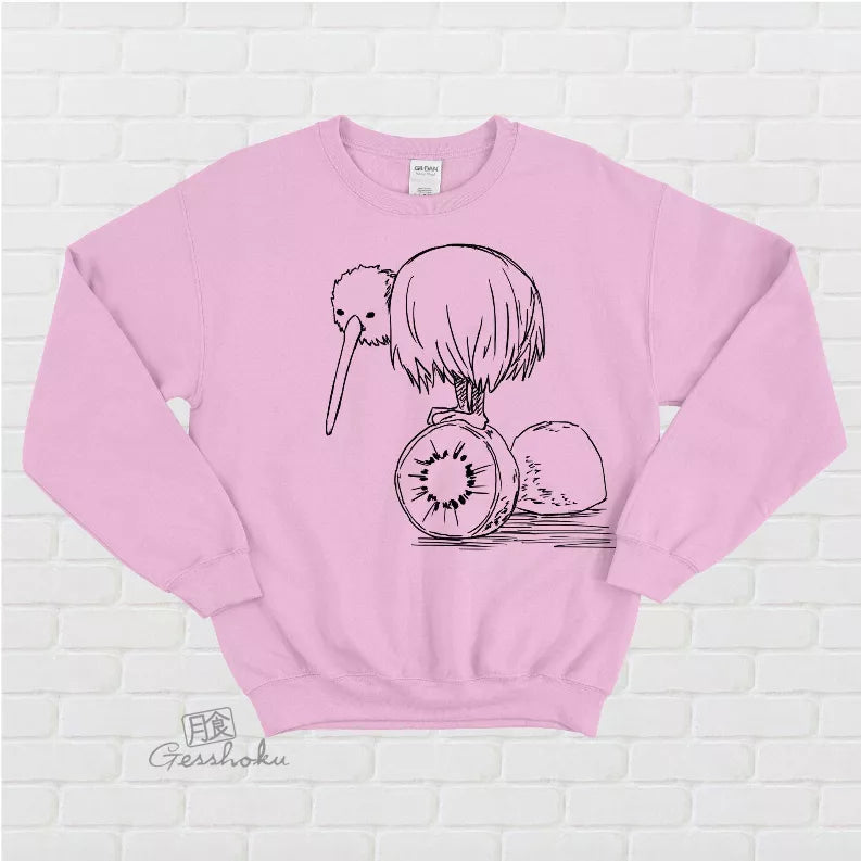 Light pink crewneck fleece sweatshirt with long-beaked bird and fruit graphic
