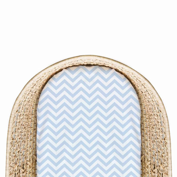 Fitted bassinet sheet with light blue chevron pattern and elastic skirt