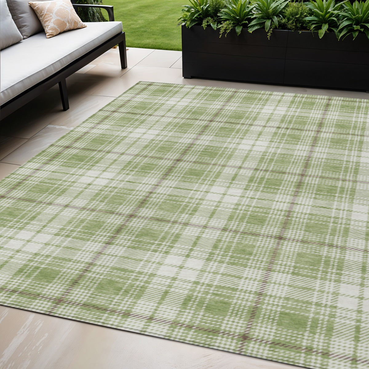 5' X 8' Artichoke Green Brown And Ivory Plaid Washable Indoor Outdoor Area Rug - Outdoor