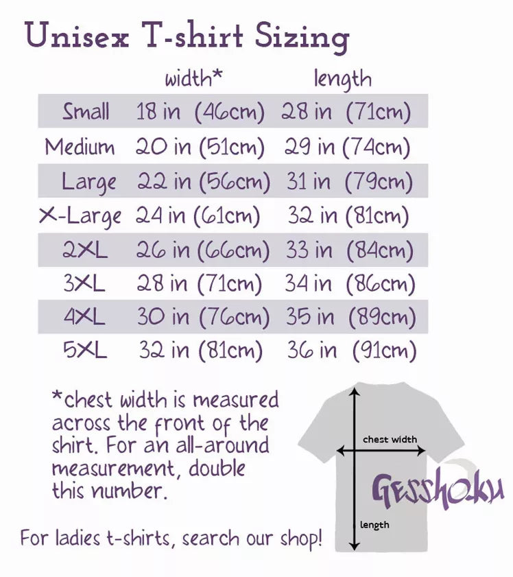 Unisex T-shirt sizing chart graphic with width and length measurements