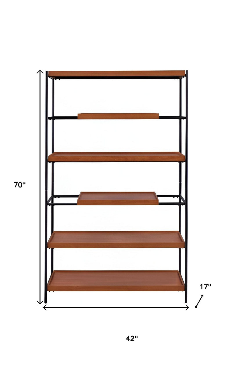 70" Oak And Black Metal and Wood Six Tier Etagere Bookcase - Office