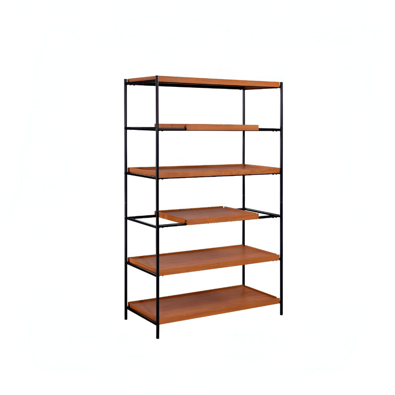 70" Oak And Black Metal and Wood Six Tier Etagere Bookcase - Office
