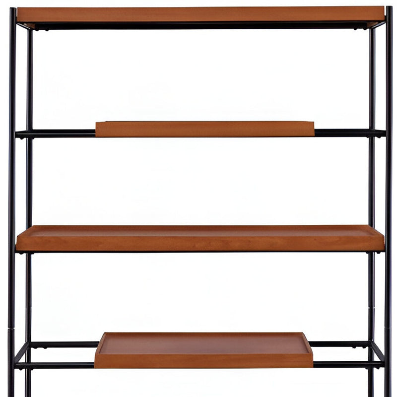 70" Oak And Black Metal and Wood Six Tier Etagere Bookcase - Office