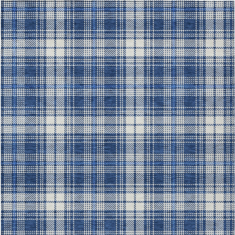 5' X 8' Navy Blue And Ivory Plaid Washable Indoor Outdoor Area Rug - Outdoor