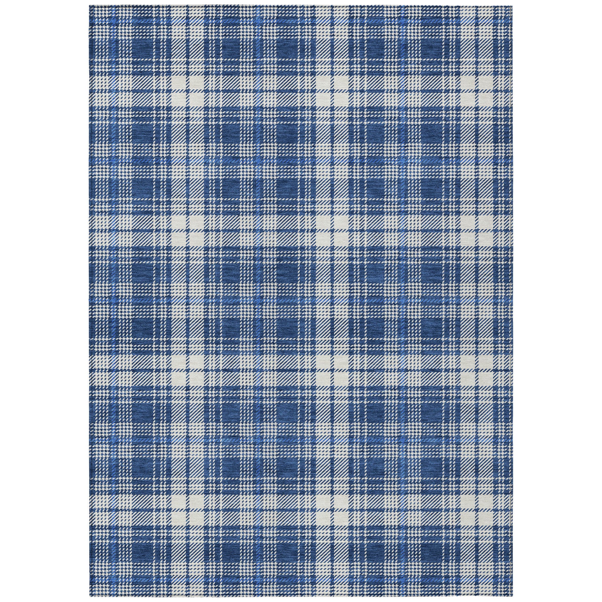5' X 8' Navy Blue And Ivory Plaid Washable Indoor Outdoor Area Rug - Outdoor