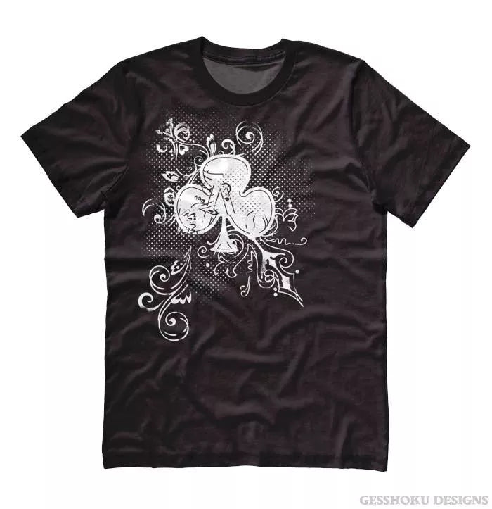 Black unisex crew-neck T-shirt with ornate ace-of-clubs graphic, short sleeves