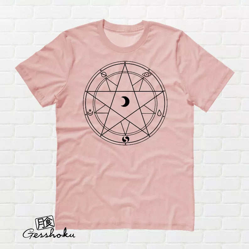 Dusty rose unisex T-shirt with black magic circle graphic on the front, crew neck