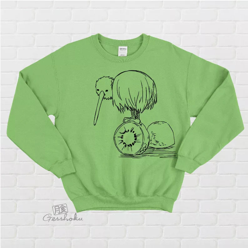 Lime green fleece crewneck sweatshirt with black kiwi bird and fruit graphic on front