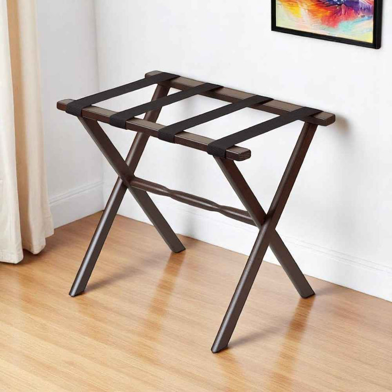 Hotel Dark Walnut Finish Wood Folding Luggage Rack With Black Straps