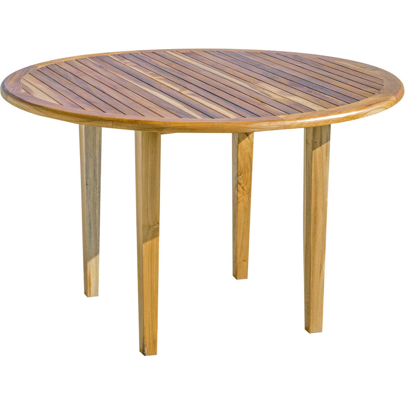 Round natural solid wood outdoor dining table with dark blue slatted top
