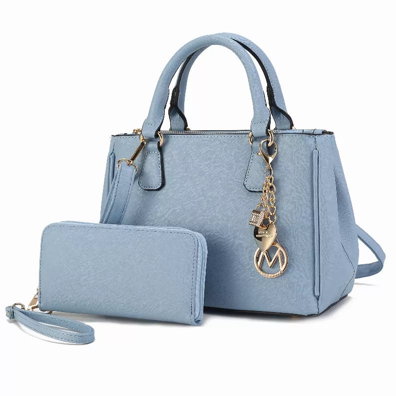 Light blue satchel bag with front zip pocket and matching wallet pouch with strap