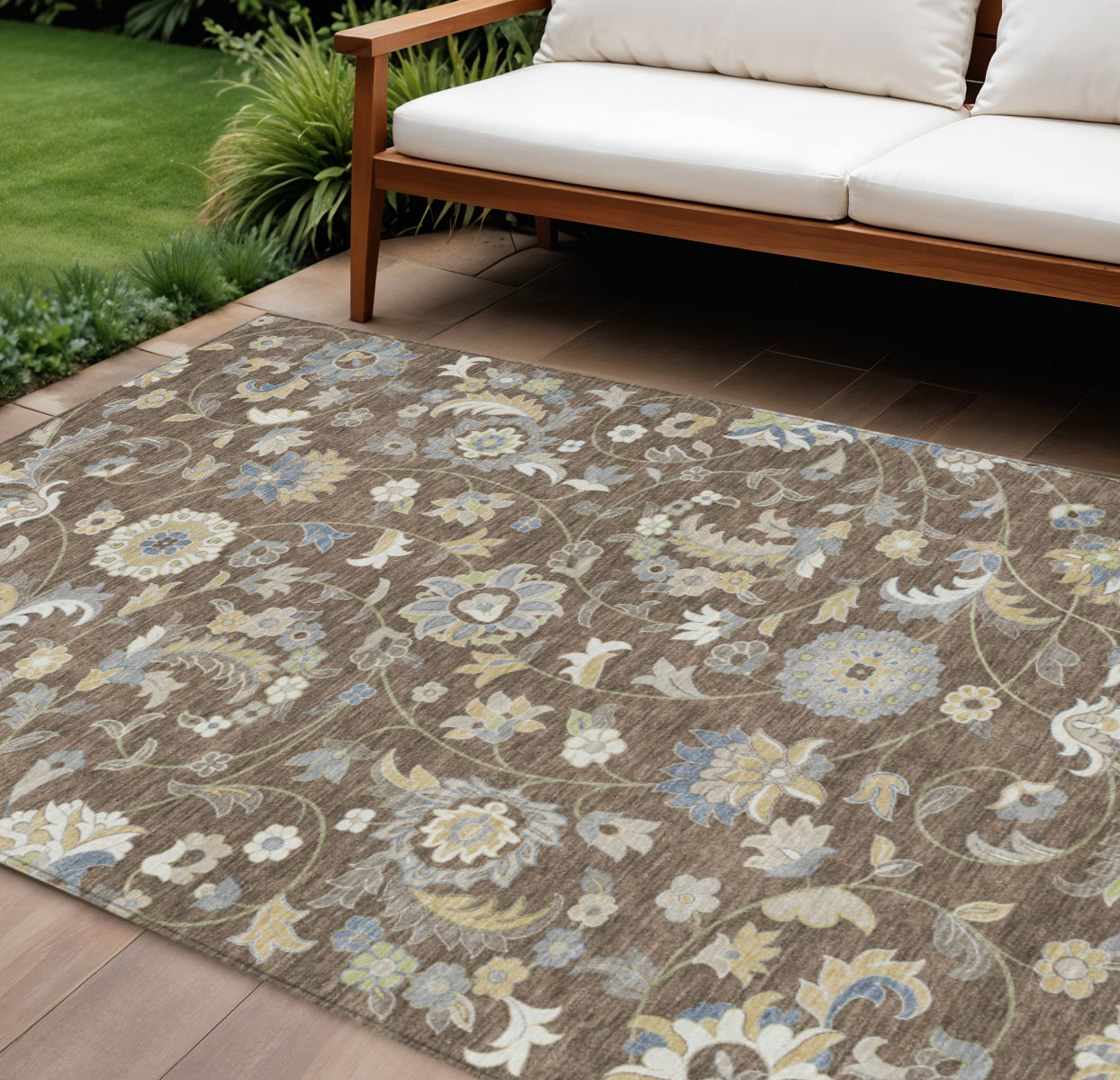 10' X 14' Chocolate Beige And Blue Floral Washable Indoor Outdoor Area Rug - Outdoor