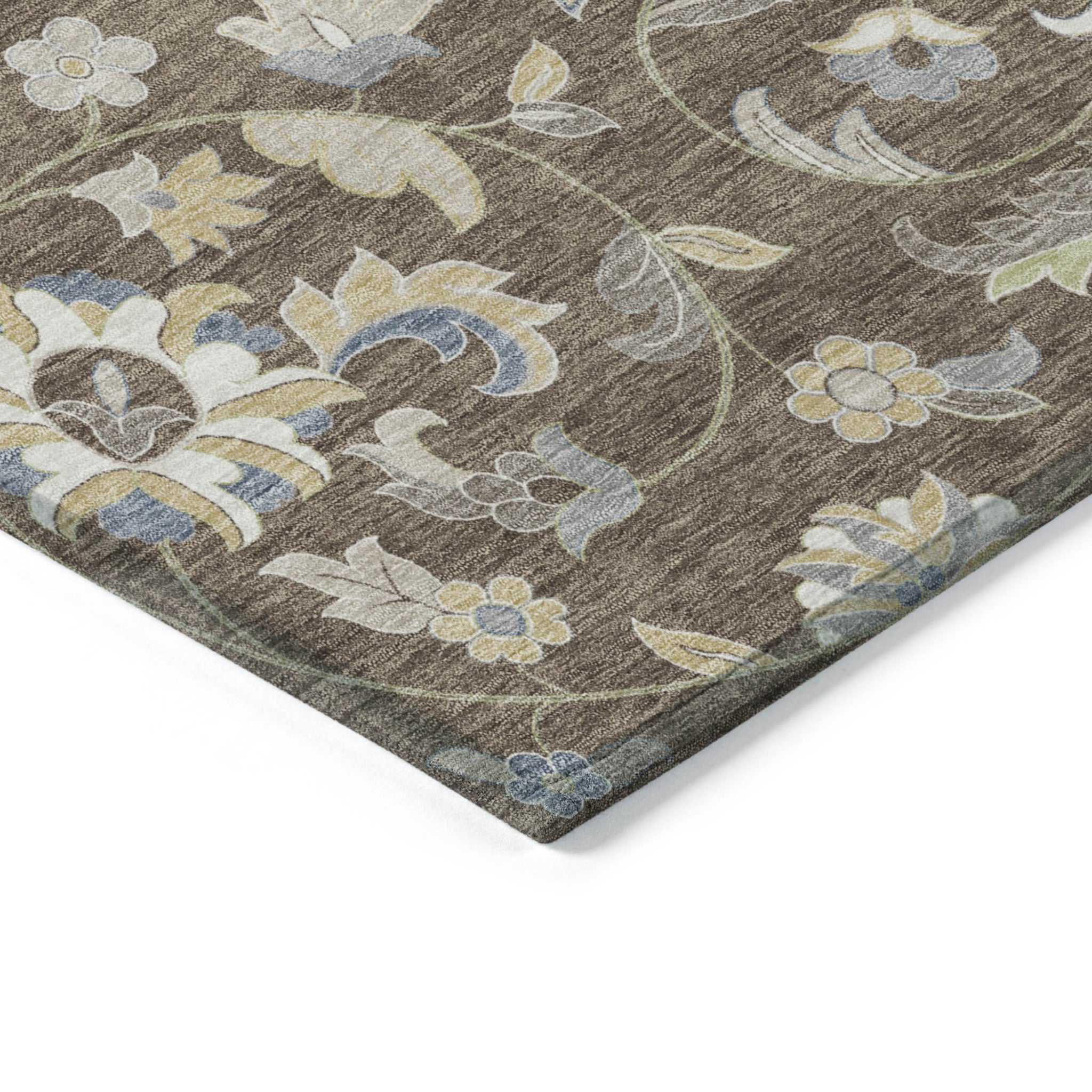 10' X 14' Chocolate Beige And Blue Floral Washable Indoor Outdoor Area Rug - Outdoor