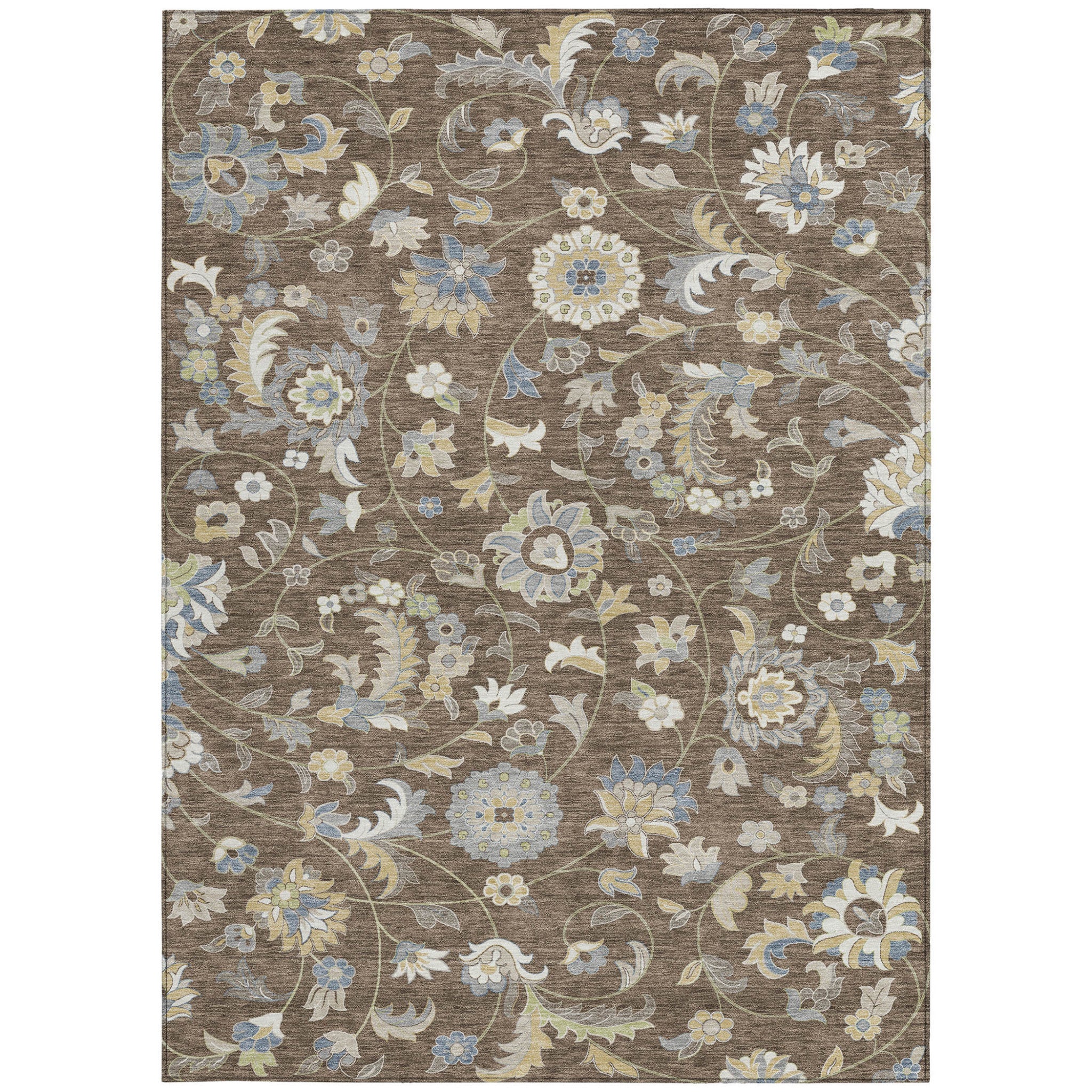 10' X 14' Chocolate Beige And Blue Floral Washable Indoor Outdoor Area Rug - Outdoor