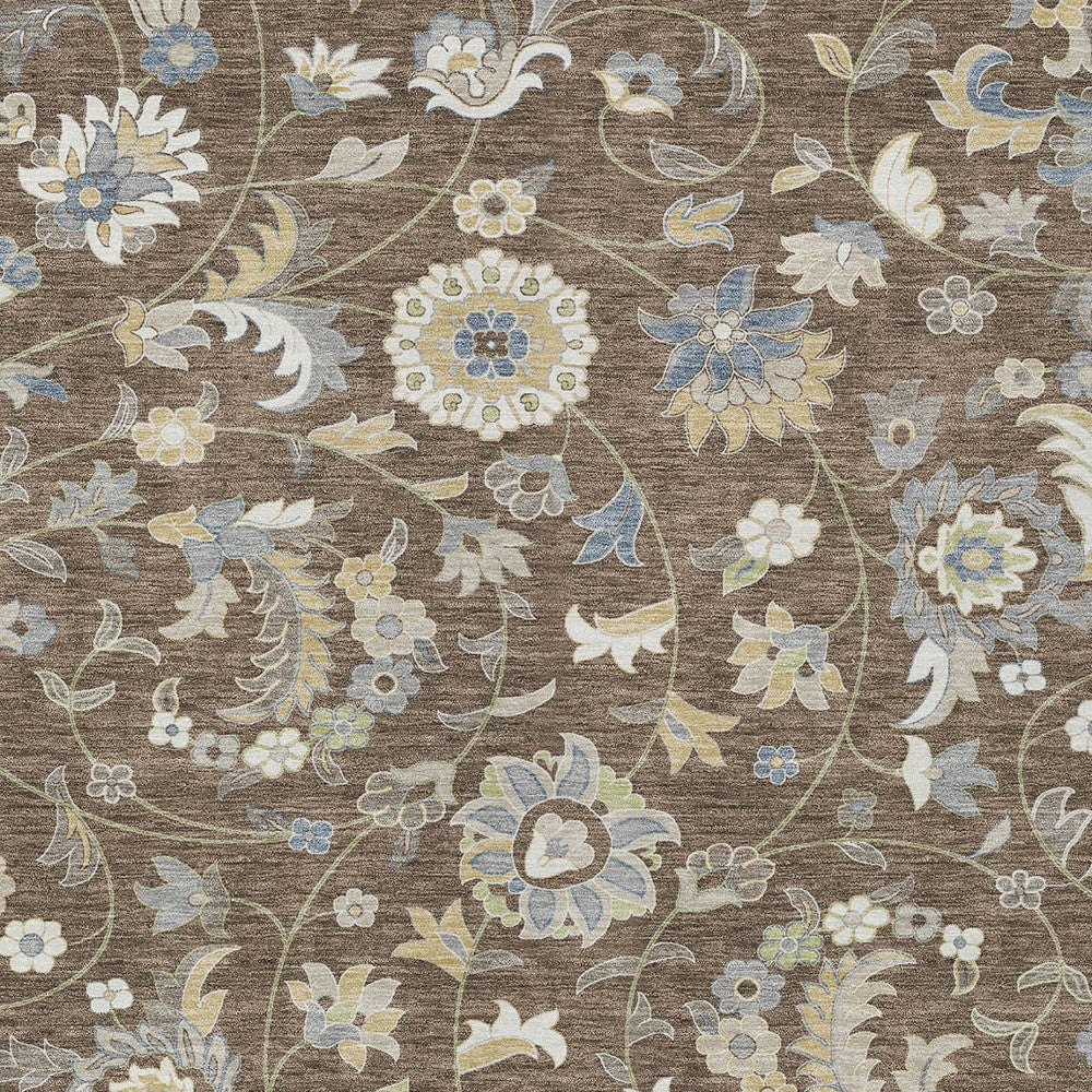 8' X 10' Chocolate Beige And Blue Floral Washable Indoor Outdoor Area Rug - Outdoor