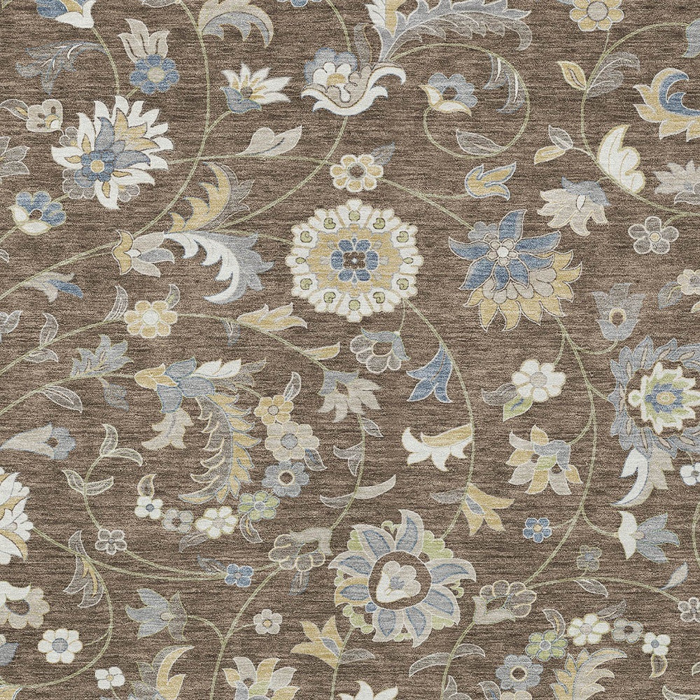 9' X 12' Chocolate Beige And Blue Floral Washable Indoor Outdoor Area Rug - Outdoor