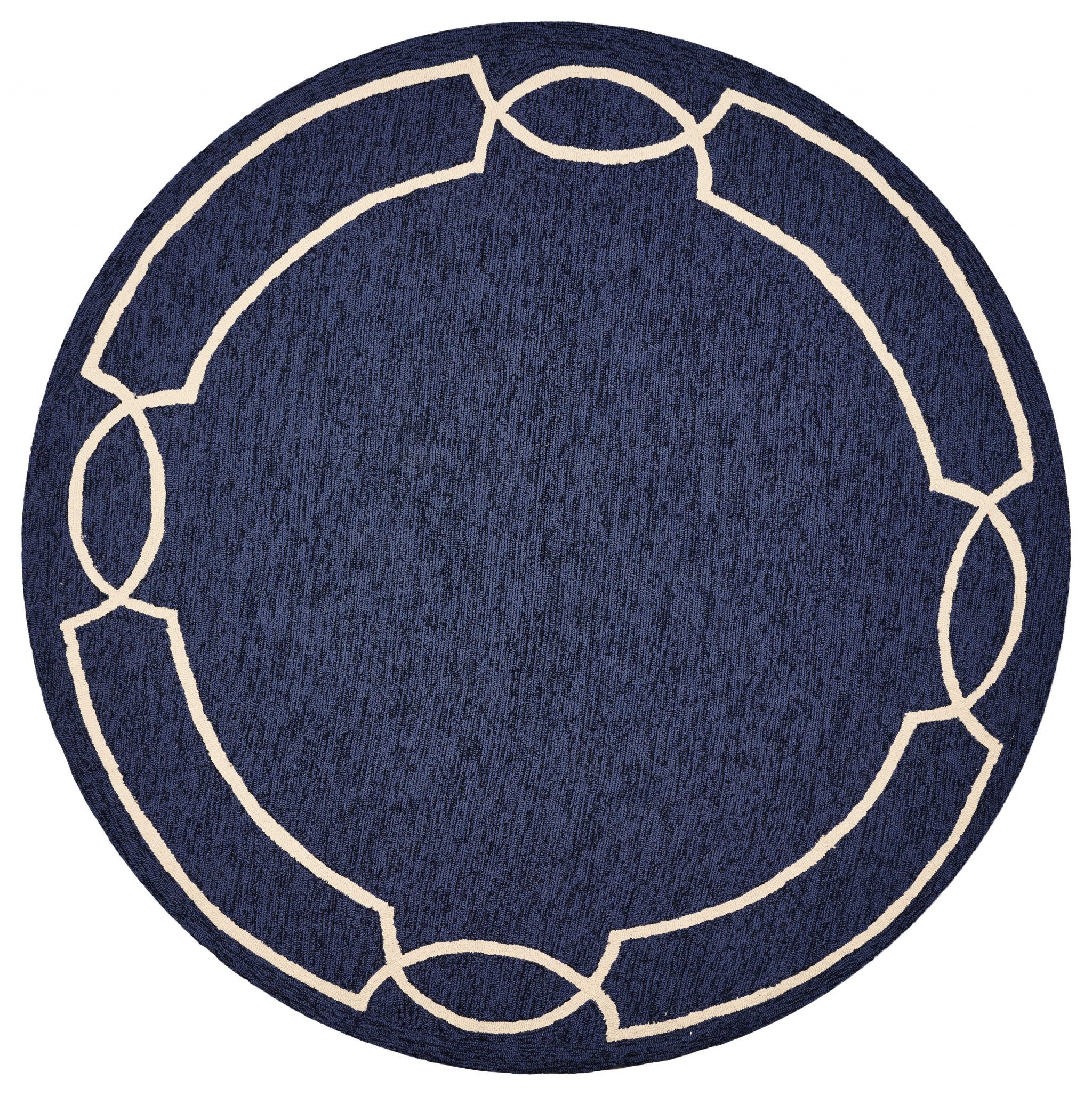7' Blue And Ivory Round Geometric Handmade Indoor Outdoor Area Rug - Outdoor