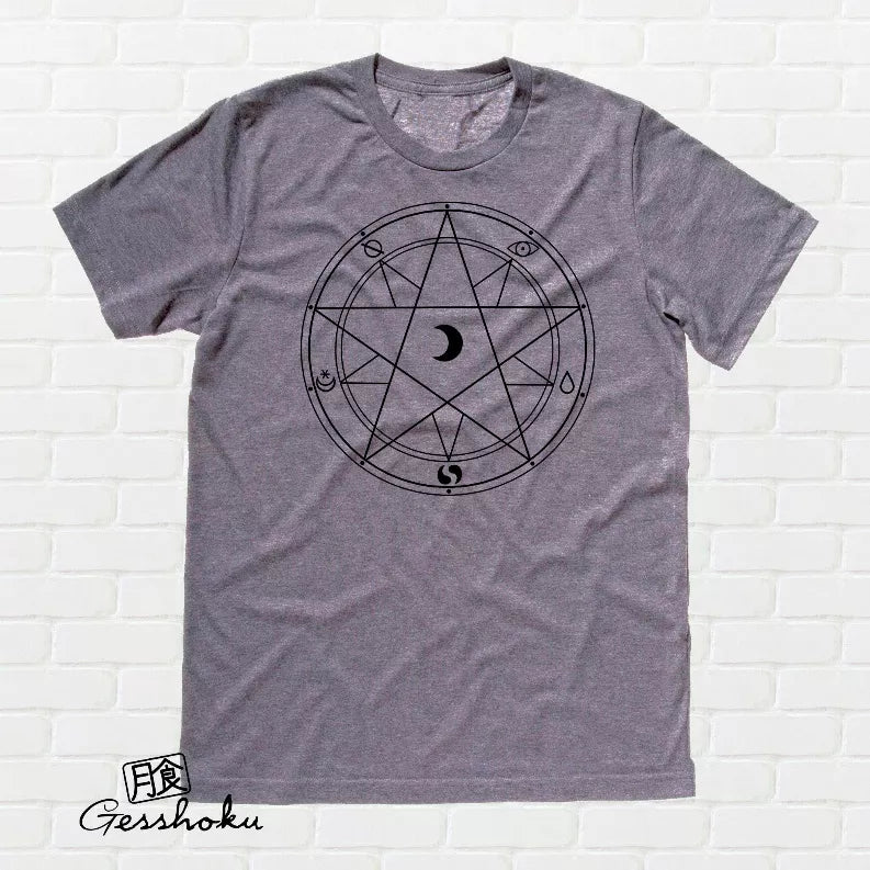 Charcoal gray unisex t-shirt with black pentagram circle graphic at center