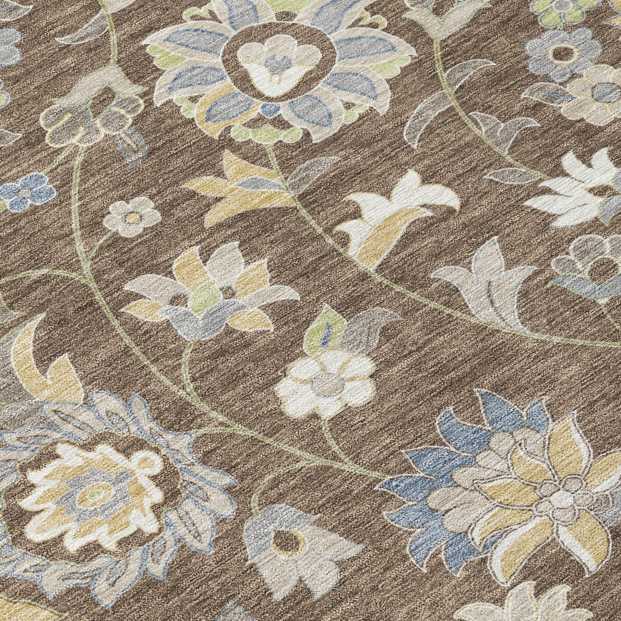 5' X 8' Chocolate Beige And Blue Floral Washable Indoor Outdoor Area Rug - Outdoor