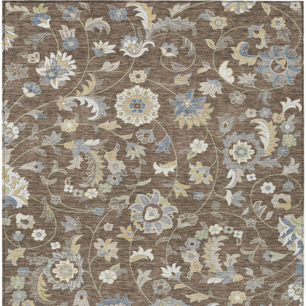5' X 8' Chocolate Beige And Blue Floral Washable Indoor Outdoor Area Rug - Outdoor