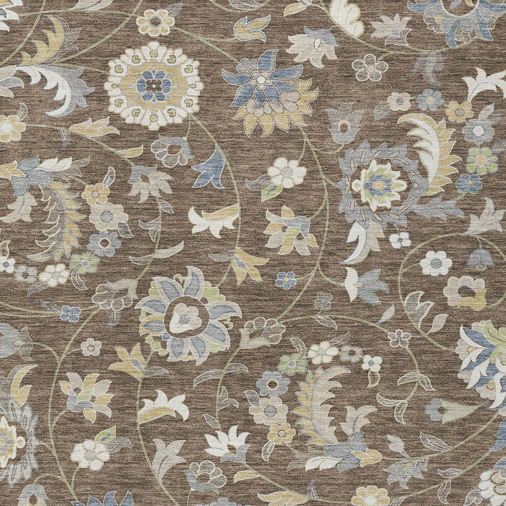 5' X 8' Chocolate Beige And Blue Floral Washable Indoor Outdoor Area Rug - Outdoor
