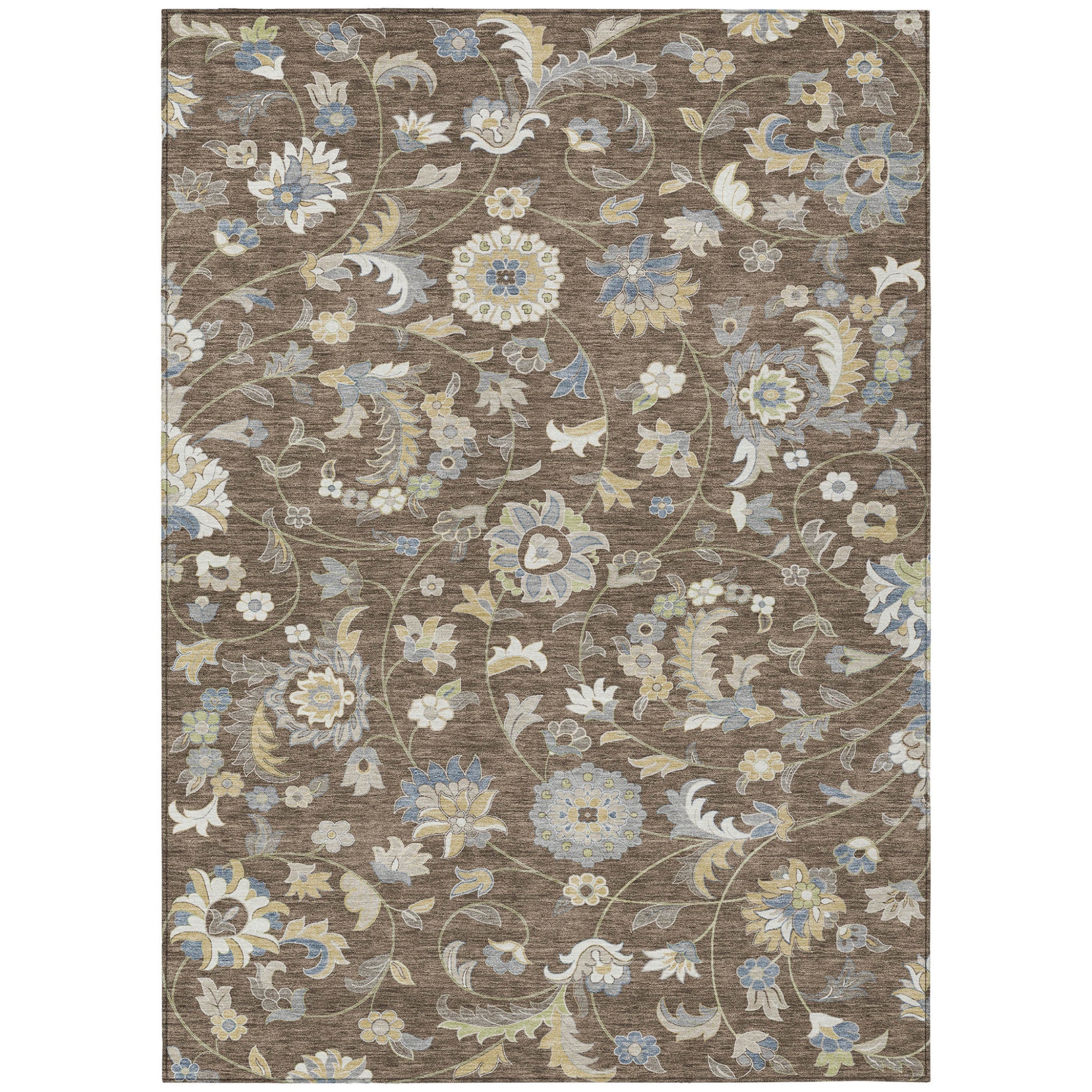 5' X 8' Chocolate Beige And Blue Floral Washable Indoor Outdoor Area Rug - Outdoor