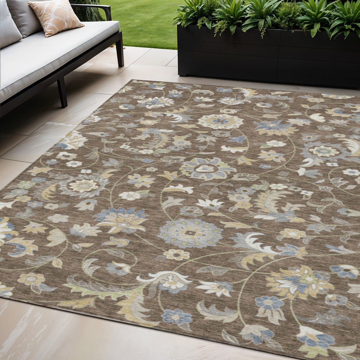 5' X 8' Chocolate Beige And Blue Floral Washable Indoor Outdoor Area Rug - Outdoor