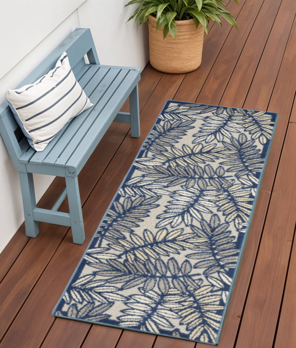 6' Ivory And Blue Indoor Outdoor Runner Rug - Outdoor