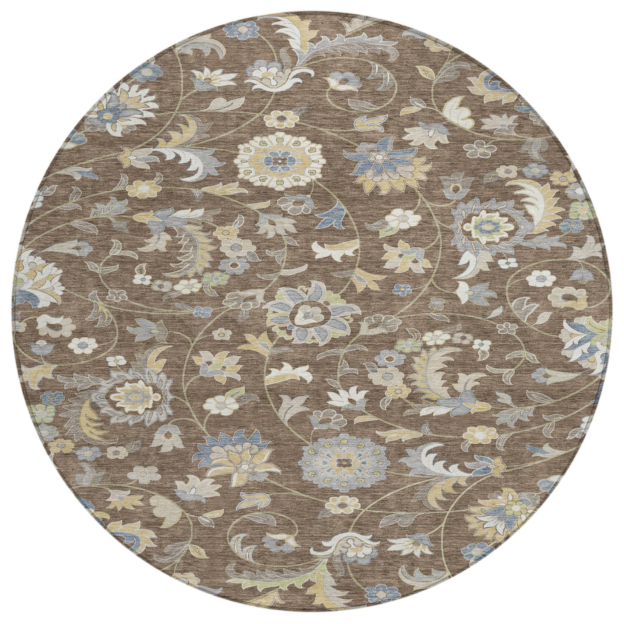 8' Chocolate Beige And Blue Round Floral Washable Indoor Outdoor Area Rug - Outdoor
