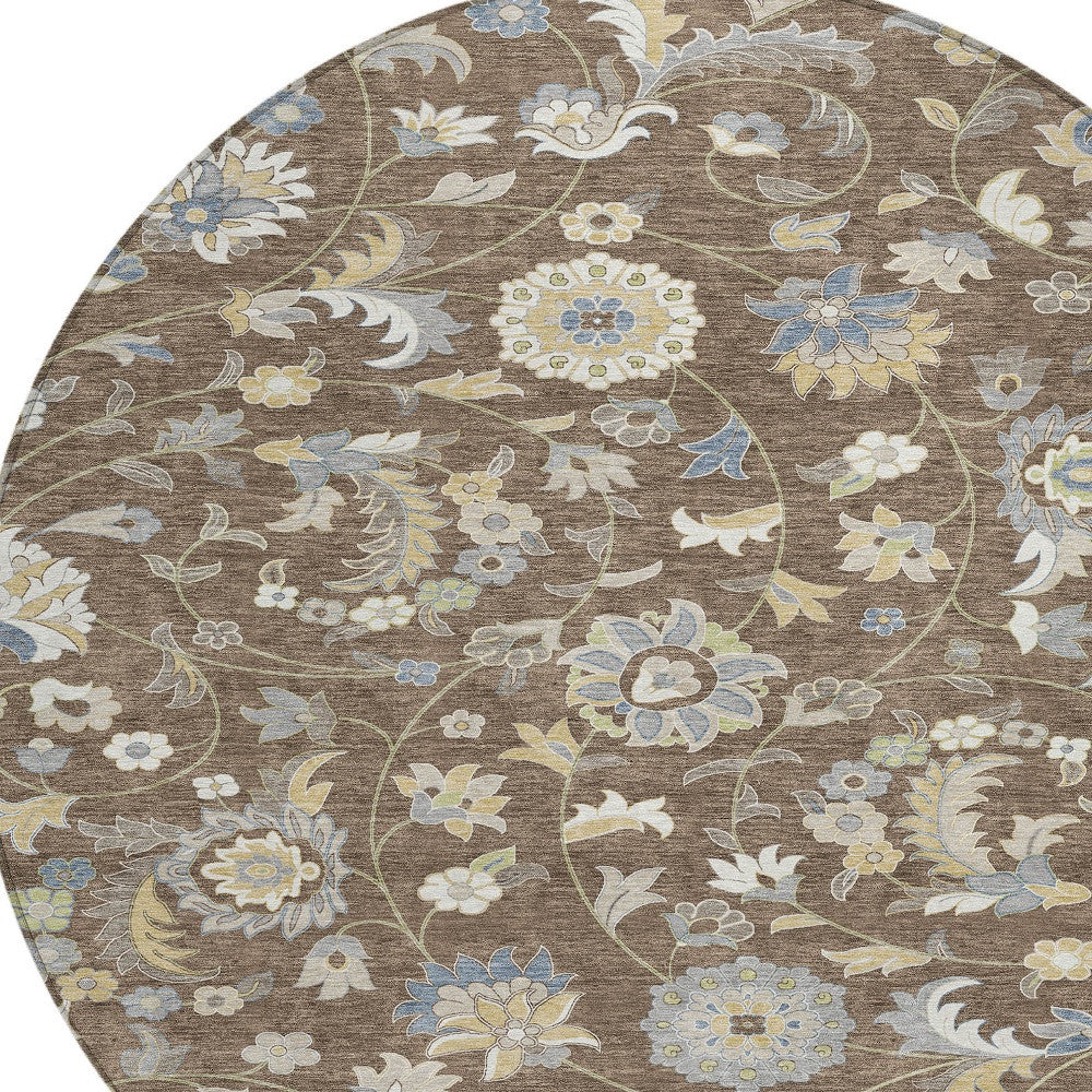 8' Chocolate Beige And Blue Round Floral Washable Indoor Outdoor Area Rug - Outdoor