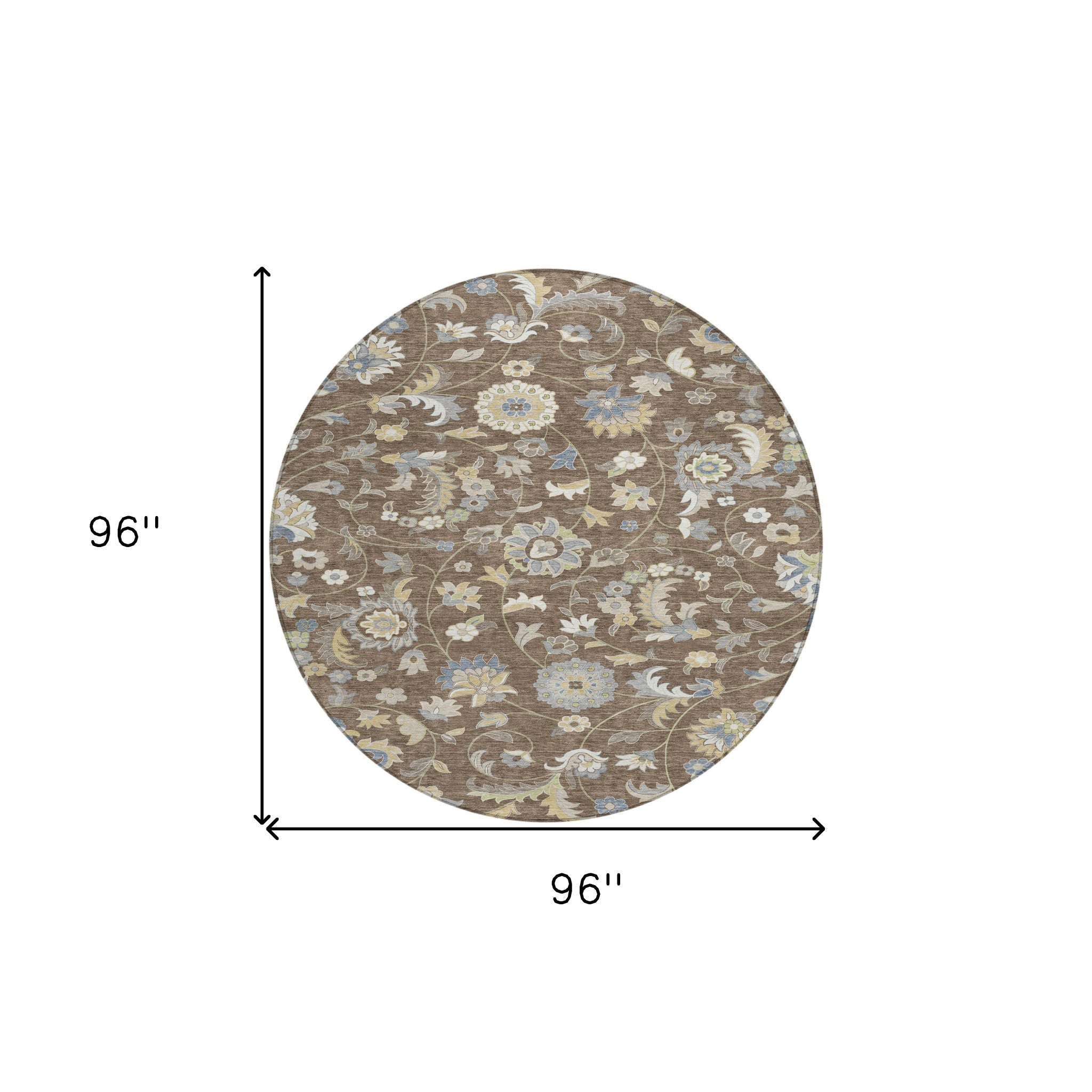 8' Chocolate Beige And Blue Round Floral Washable Indoor Outdoor Area Rug - Outdoor