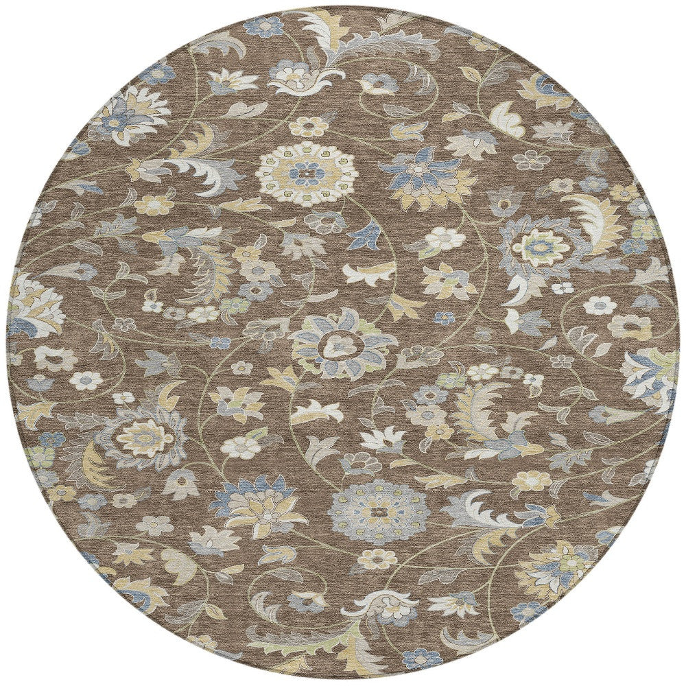 8' Chocolate Beige And Blue Round Floral Washable Indoor Outdoor Area Rug - Outdoor